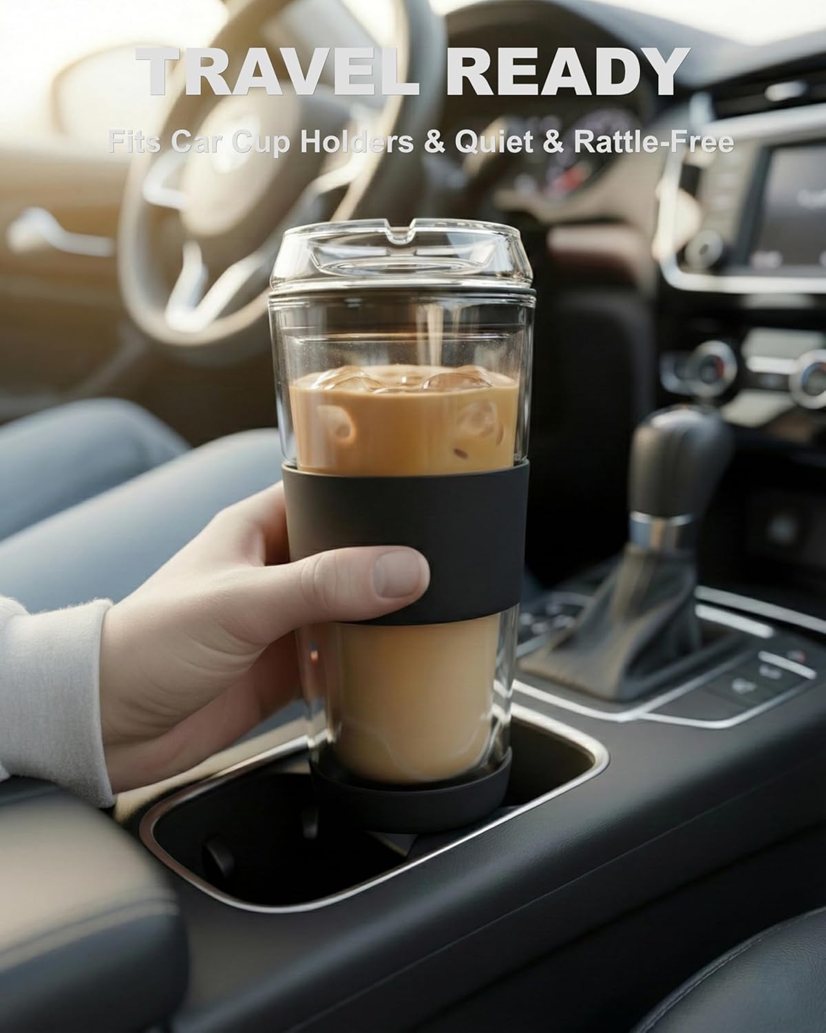 14oz Double Walled Glass Coffee Tumbler with Full Glass Lid & Silicone Sleeve - Non-Slip Insulated Travel Mug with Protective Bottom Bumper - 100% Plastic-Free